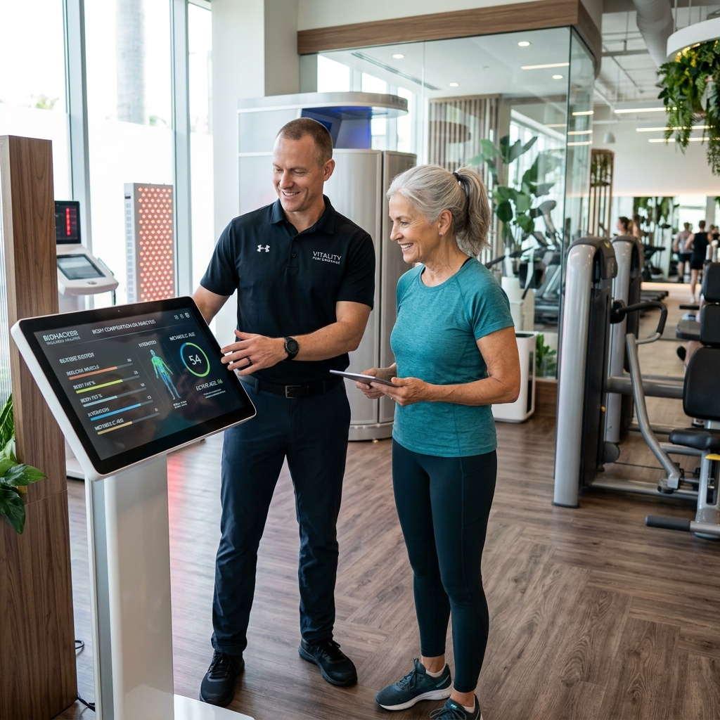 Trainer und Mitglied über 50 gemeinsam an der Vitalitäts-Analyse im Energy Warstein